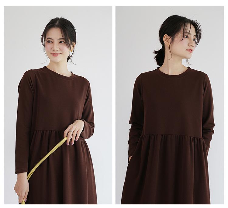 Korean Style Slim-Fit High Waist Round Neck Long Sleeve Midi Dress for Fall/Winter