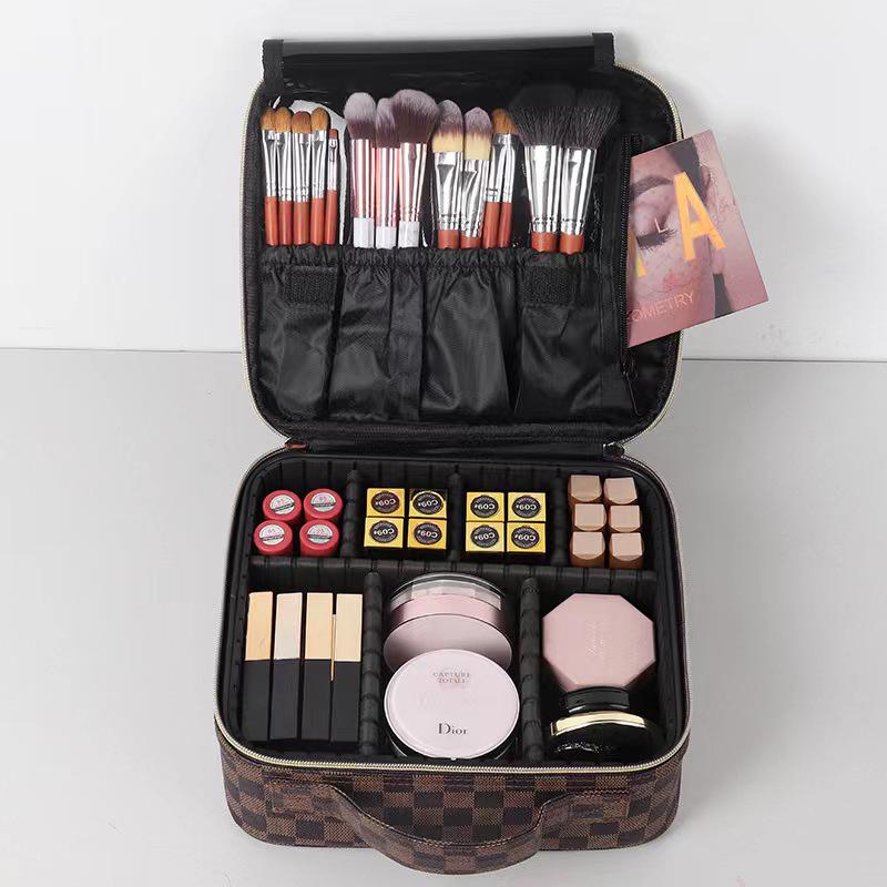Plaid Monogram Large Capacity Makeup Bag - Convenient Handheld Storage