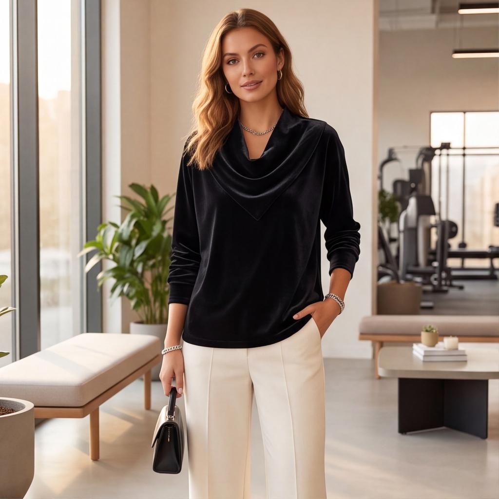 Women's Fashion Velvet Cowl Neck Long Sleeve Top, Loose Fit