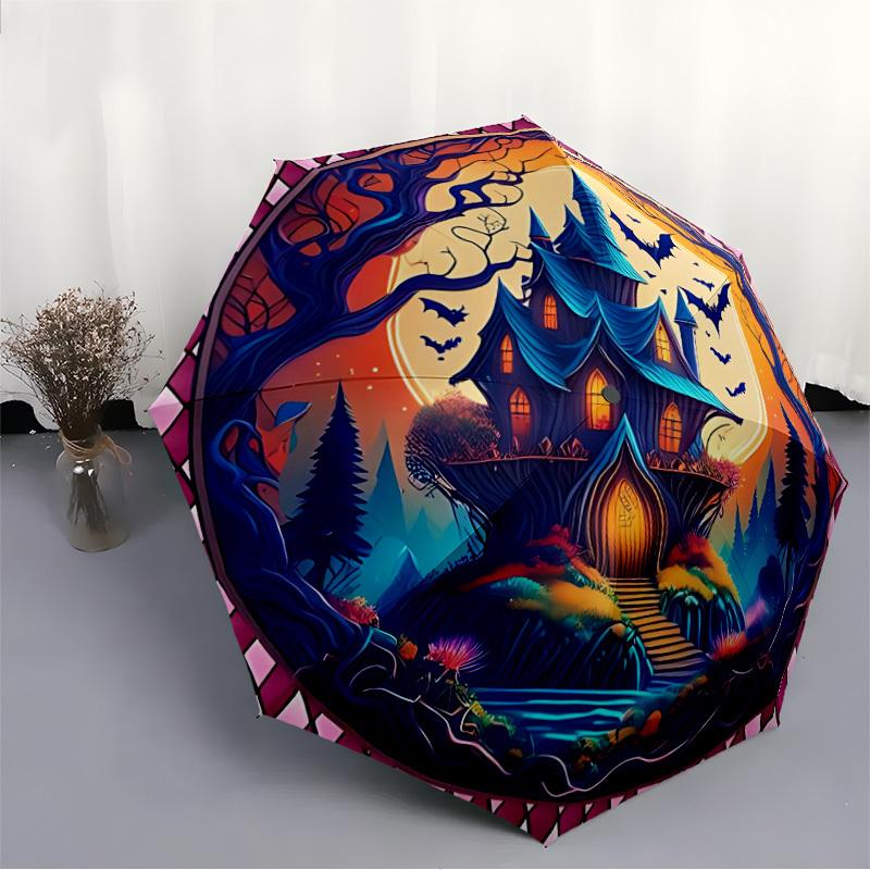 1pc Haunted Castle Automatic Open/Close Umbrella - Portable Collapsible Umbrella with 8-Rib Stability, Fashion Lovers yy251017171