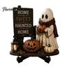 Fall Fireplace Decorations Halloween Reading Ghost Figurine, Wooden Desktop Ornaments, Vintage Spooky Shelf Accents Statue with Stand for Home