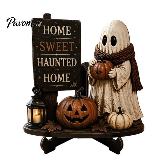 Fall Fireplace Decorations Halloween Reading Ghost Figurine, Wooden Desktop Ornaments, Vintage Spooky Shelf Accents Statue with Stand for Home