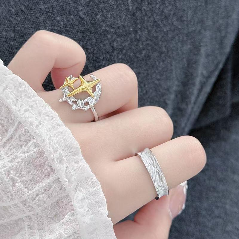 Color Four-Pointed Star, Moon, Star, Open Ring, Light Luxury, Now High-End Index Finger Ring, Stacking, Wearing Personalized Rings, Women
