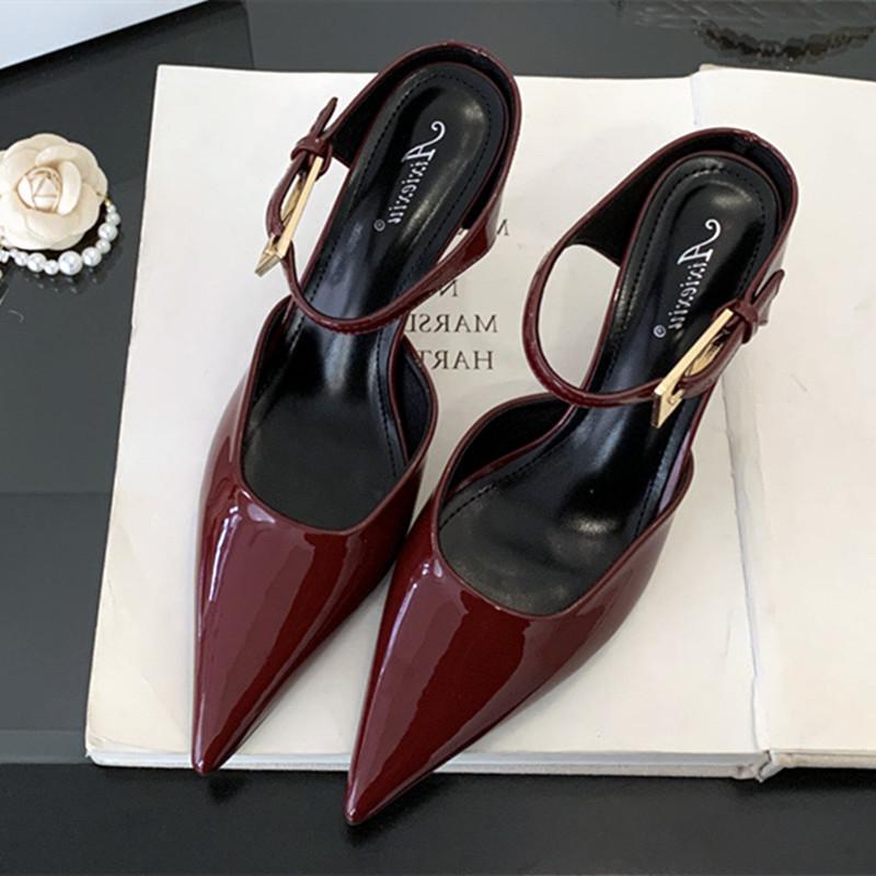 Fashion Elegant Patent Leather Buckle Strap Woman Pumps Sexy Pointed Toe Thin High Heels Fashion Slide Sandals Party Wedding Slippers