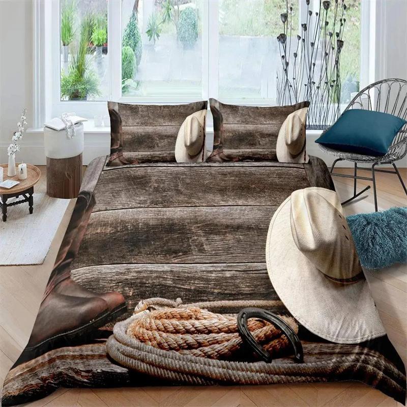Western Cowboy Duvet Cover Set Vintage Farmhouse Bedding Set for Kids Boys Teens Queen Size Soft 2/3pcs Polyester Quilt Cover