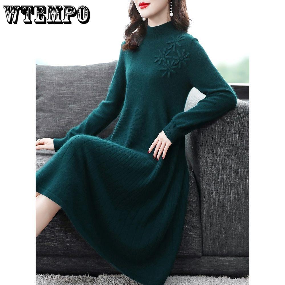 Mid-length Knitted Dress for Women Autumn and Winter Fashionable Embroidered Sweater Dress Solid Color Half Turtleneck Pullover