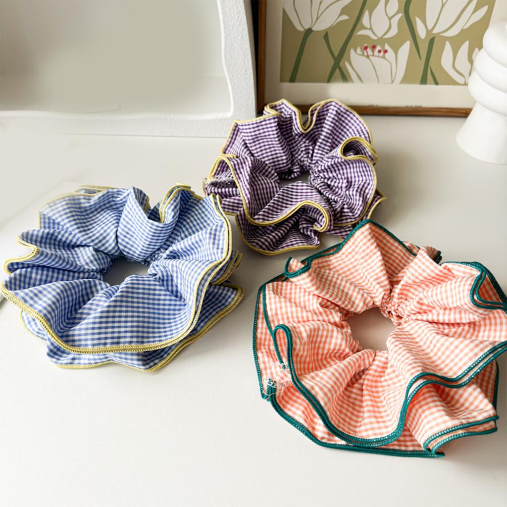 Fashionable Plaid Ruffles Double Layer Scrunchies for Women Retro Korean Oversized Pleated Hair Ties Hair Decoration