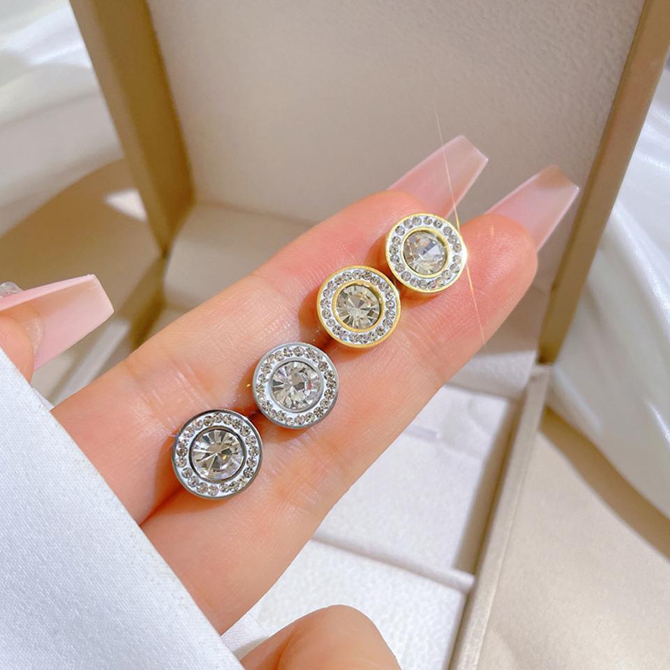 ZAKOL Shiny Crystal Zircon Round Pendant Necklace Earrings for Women Exquisite Stainless Steel Chain 2 Pcs Zircon Set