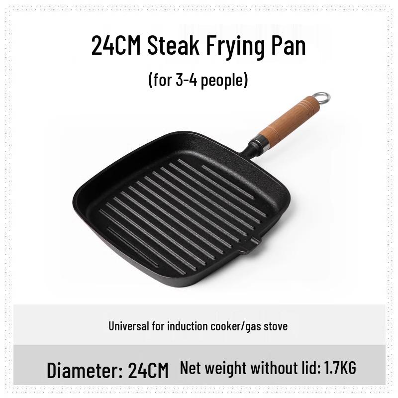 Thick Wooden Handle Cast Iron Non-Stick Striped Frying Pan for Steak & Crepes