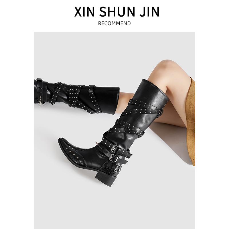 Pointed Rivet Knight Boots Women'S Black Retro Belt Buckle Over Knee Boots Skinny Thick Heel Boots