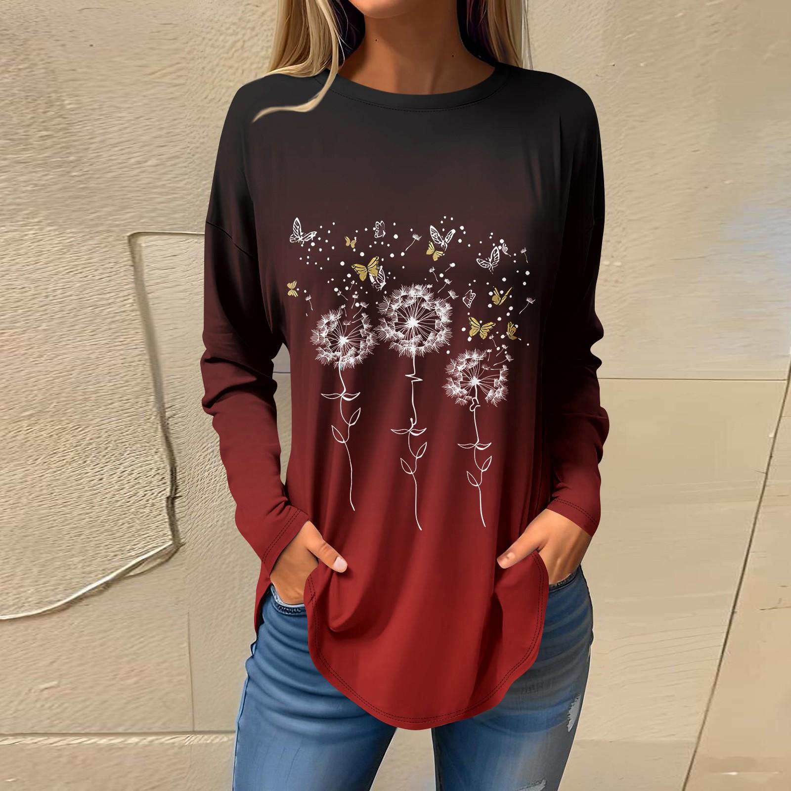 

Женская повседневная футболка с круглым вырезом и цветочным принтом, длинный рукав XL красный