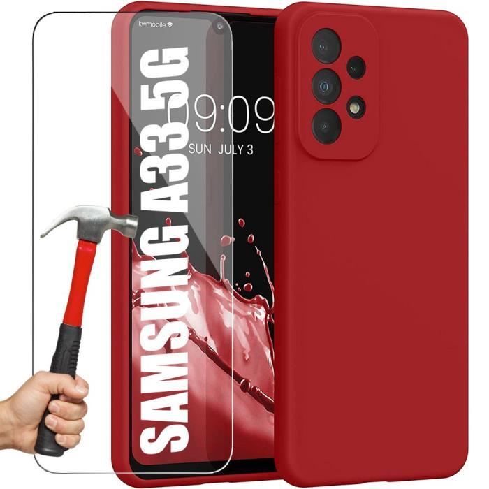 Coque Antichoc - BOOLING - pour Samsung A33 5G - Silicone Rouge - 2 Protections Verre Trempé - Souple