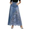 Elegant Women Washed Denim Long Skirt High Rise Hollow Floral Lace Patchwork Fishtail Maxi Skirt Casual Daily Party Bottoms
