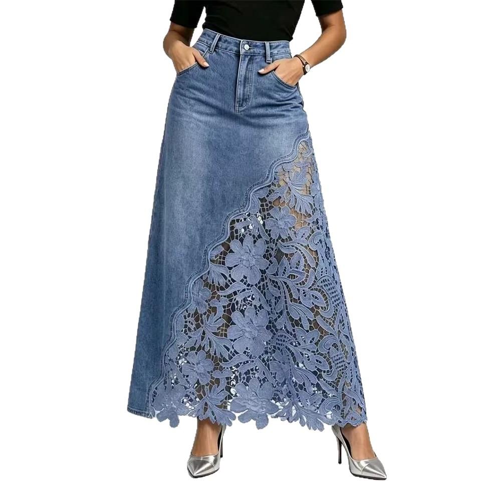 Elegant Women Washed Denim Long Skirt High Rise Hollow Floral Lace Patchwork Fishtail Maxi Skirt Casual Daily Party Bottoms