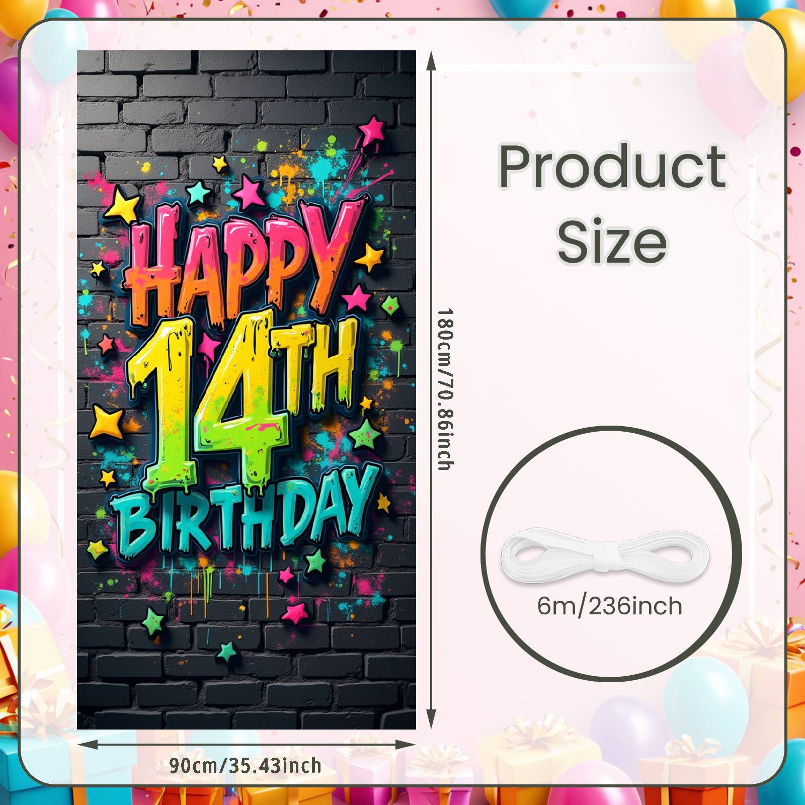 Youth Birthday Background 3D Lettering Birthday Party Backdrop Happy 14th Birthday Banner Vibrant Hue 14th Celebration Banner