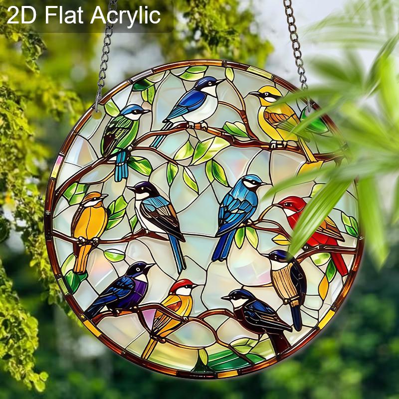 Acrylic Colorful Songbirds on Branches Suncatcher, Stained Glass Style Window Hanging Ornament for Bird and Nature Lovers