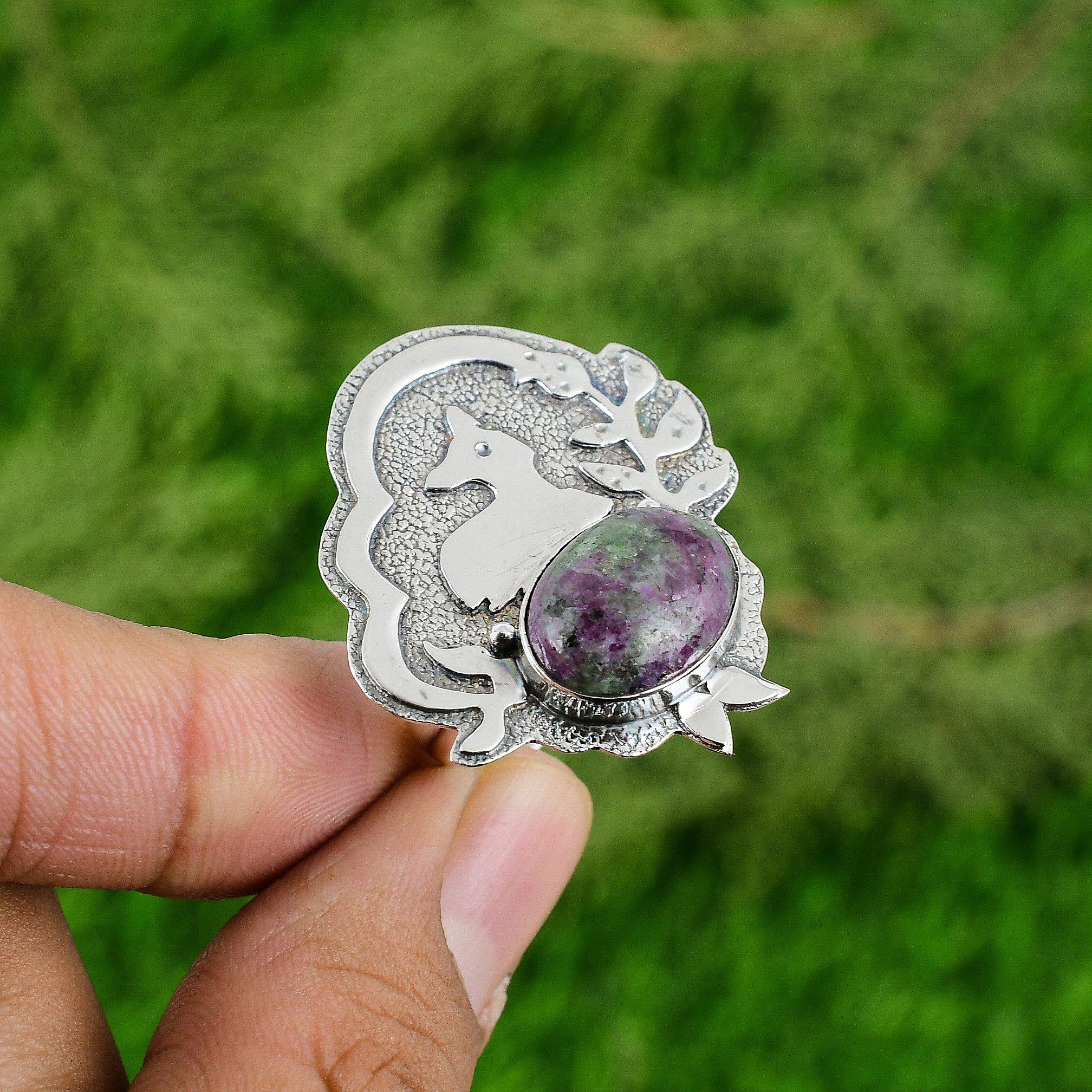 

Oval Ruby Zoisite Stone Sterling Silver Wife Bezel Promise Wedding Ring Jewelry Adjustable