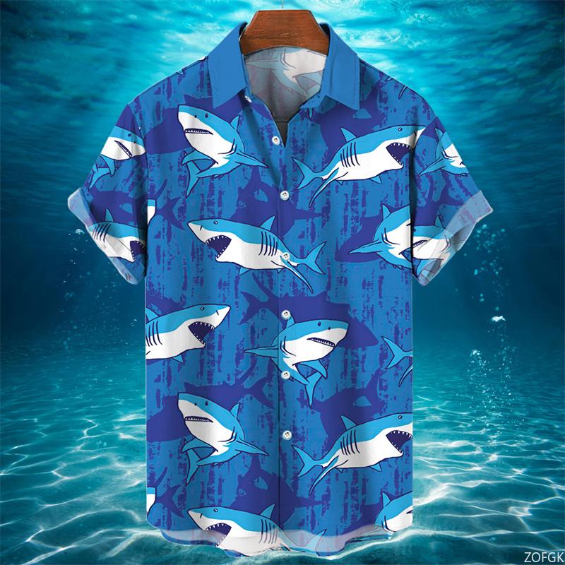 Camicia Hawaiana Uomo Estate Casual Stampa Squalo Animale 3D Moda Manica Corta Mondo Marino Larga Blusa Street Abbigliamento