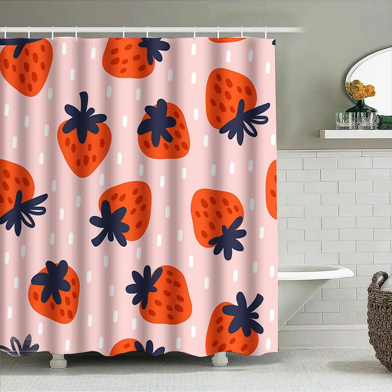 Polyester Cartoon-Print Duschvorhänge Für Badezimmer Dekoration Erdbeer-Design, Rosa Farbe Mit Blauen Blumen Größe 72X84 (Groß)