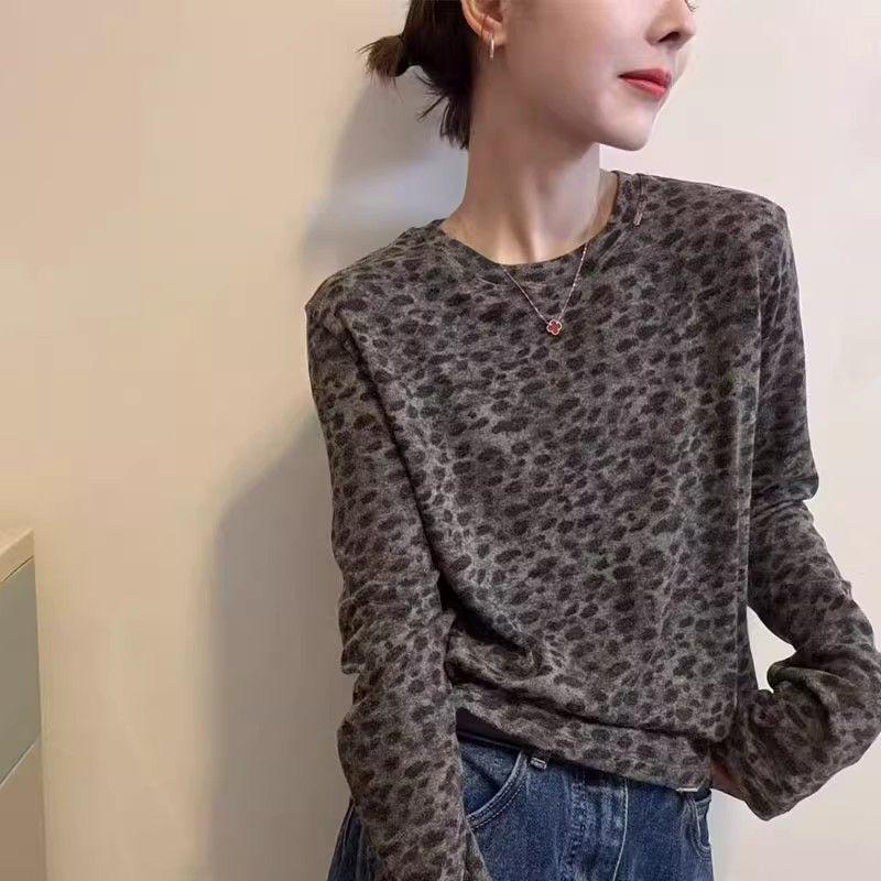 Retro Leopard Print Long Sleeve Slimming Top - Autumn 2025 Korean Style