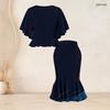 Women Plus Size Two Piece Skirt Set Round Neck Batwing Sleeve Galaxy Printed Ruffle Hem Top Fishtail Skirt