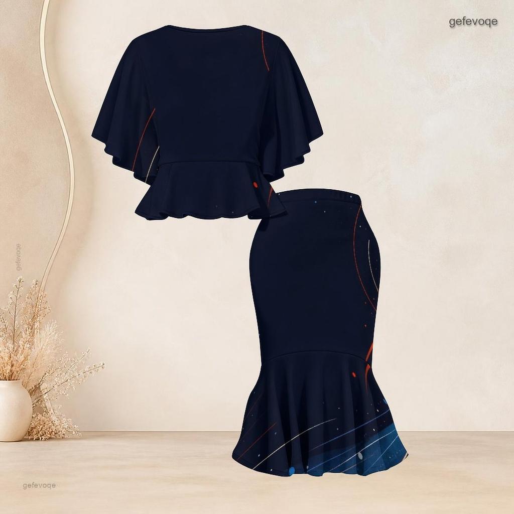 Women Plus Size Two Piece Skirt Set Round Neck Batwing Sleeve Galaxy Printed Ruffle Hem Top Fishtail Skirt