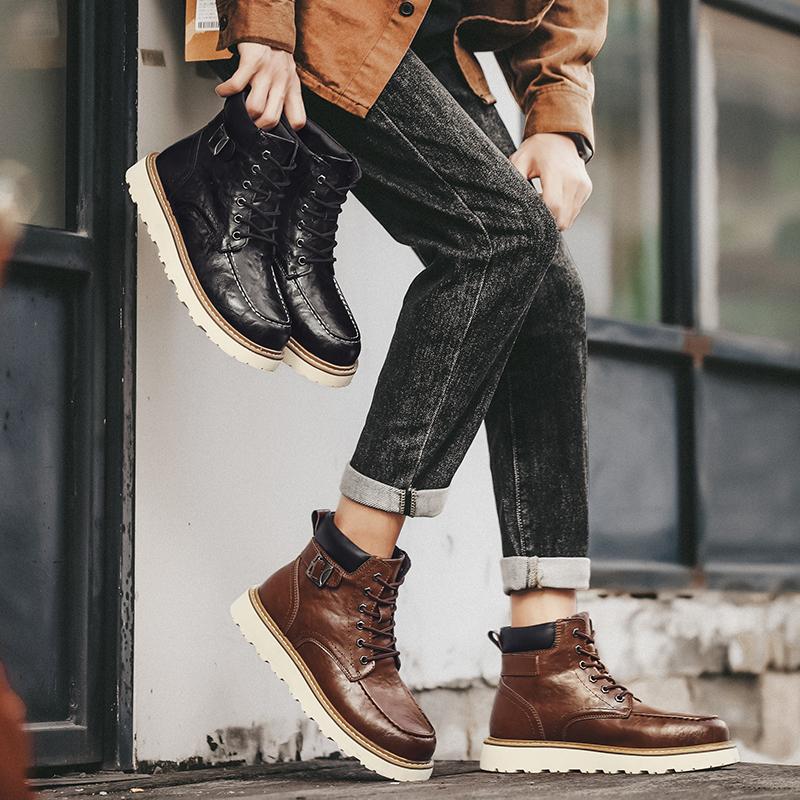 2024 Neue Herren Stiefeletten Schnürstiefel Einfarbig Belüftet Motorradstiefel Herren Winter Plüsch Schneestiefel Rutschfest Herren Freizeit Lederschuhe