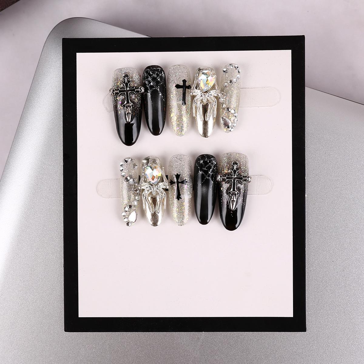 

Handmade Black Cat Eye & Cross Nail Tips with Bow - Light Luxury Style Manicure. Extra Small