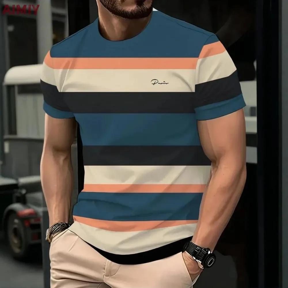 Casual Striped Printed Men s Top Fashion Versatile Short Sleeve Comfort T-Shirt Daily T-Shirts Men’s XS