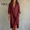 Modieuze Damesjurk Dames Zomer Midi Hemdjurk, Lange Mouwen V-hals Casual Zachte Stof Kraaglos Losse Tuniek Strandvakantie Zomerjurk met Zakken