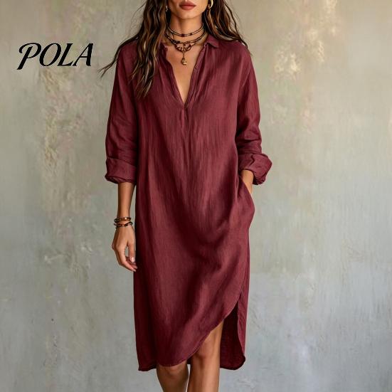 Modieuze Damesjurk Dames Zomer Midi Hemdjurk, Lange Mouwen V-hals Casual Zachte Stof Kraaglos Losse Tuniek Strandvakantie Zomerjurk met Zakken