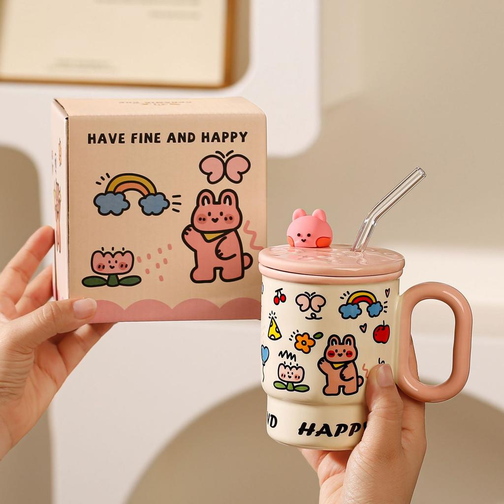 Straw mug with lid High value cute animal ceramic cup Household water cup Couple coffee juice cup