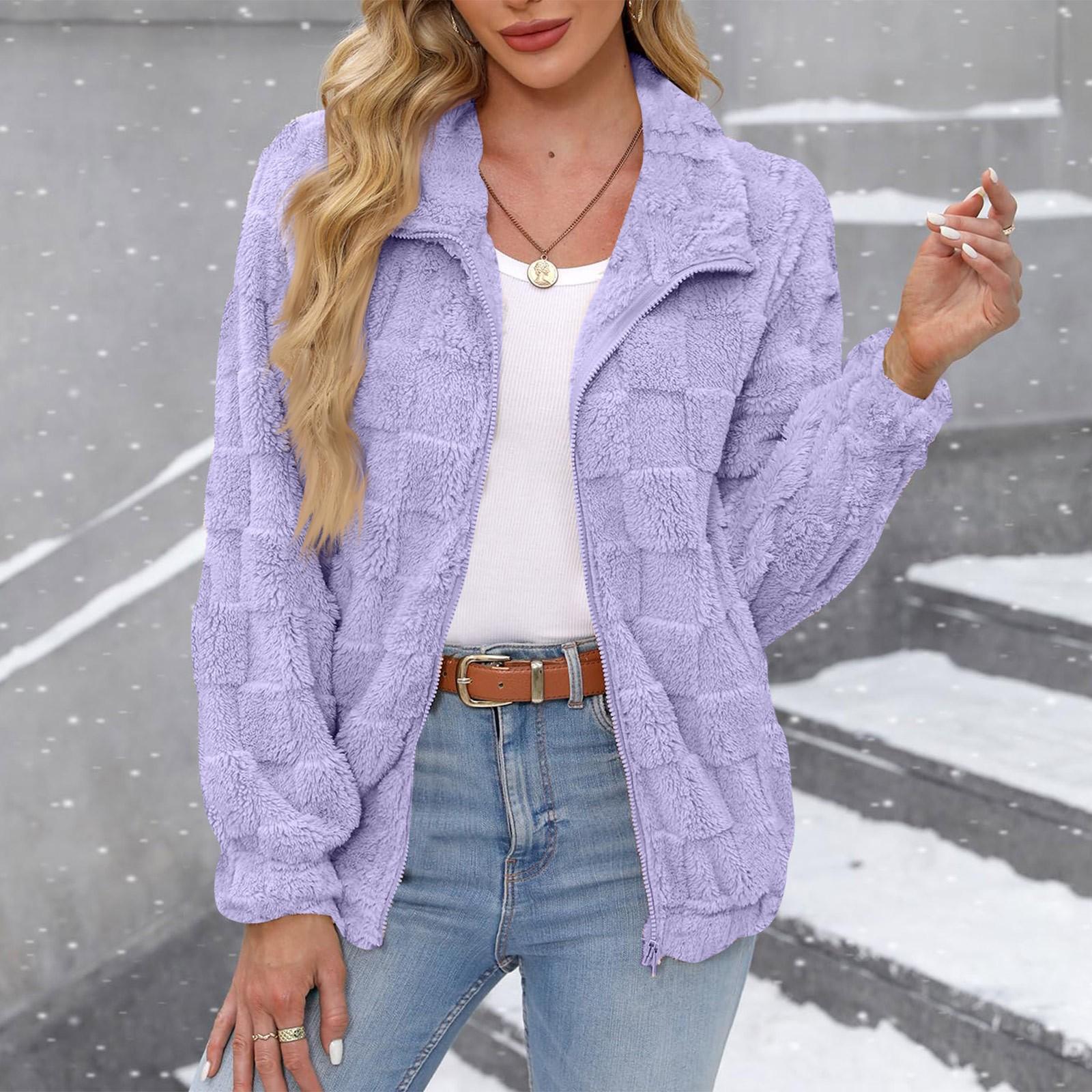 

Женская однотонная куртка с длинным рукавом и молнией, мягкая, теплая, плюшевая XL фиолетовый