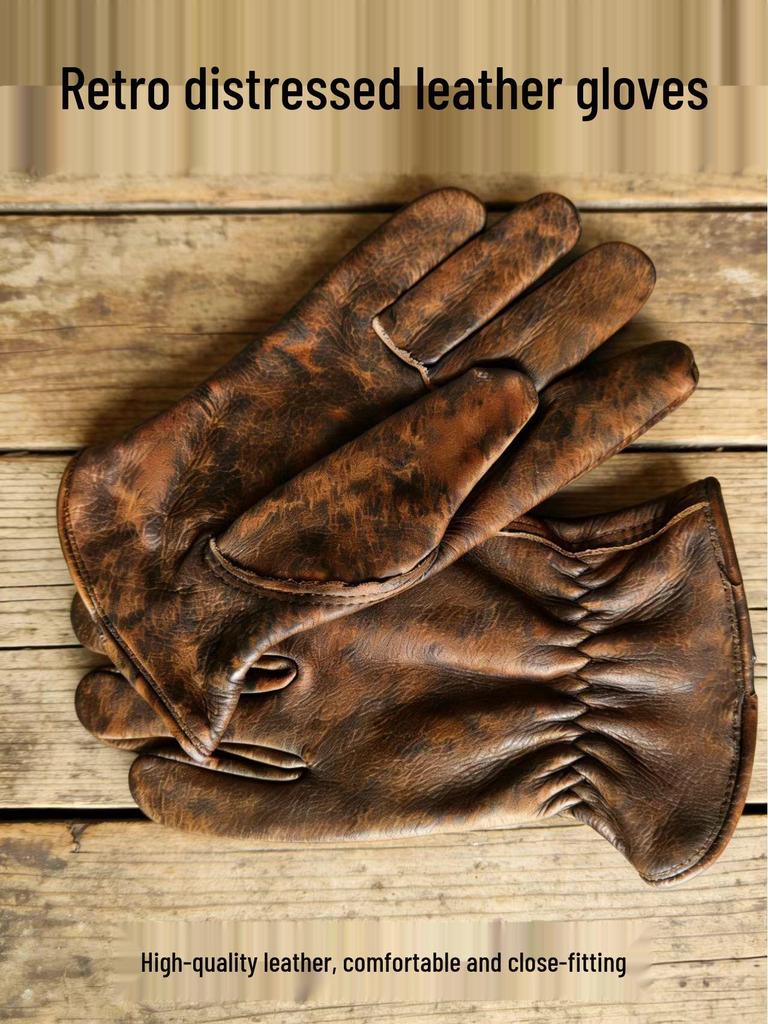 First Layer Cowhide Retro Riding Gloves - Irregular Color, Outdoor Protection & Driving Handling Gloves