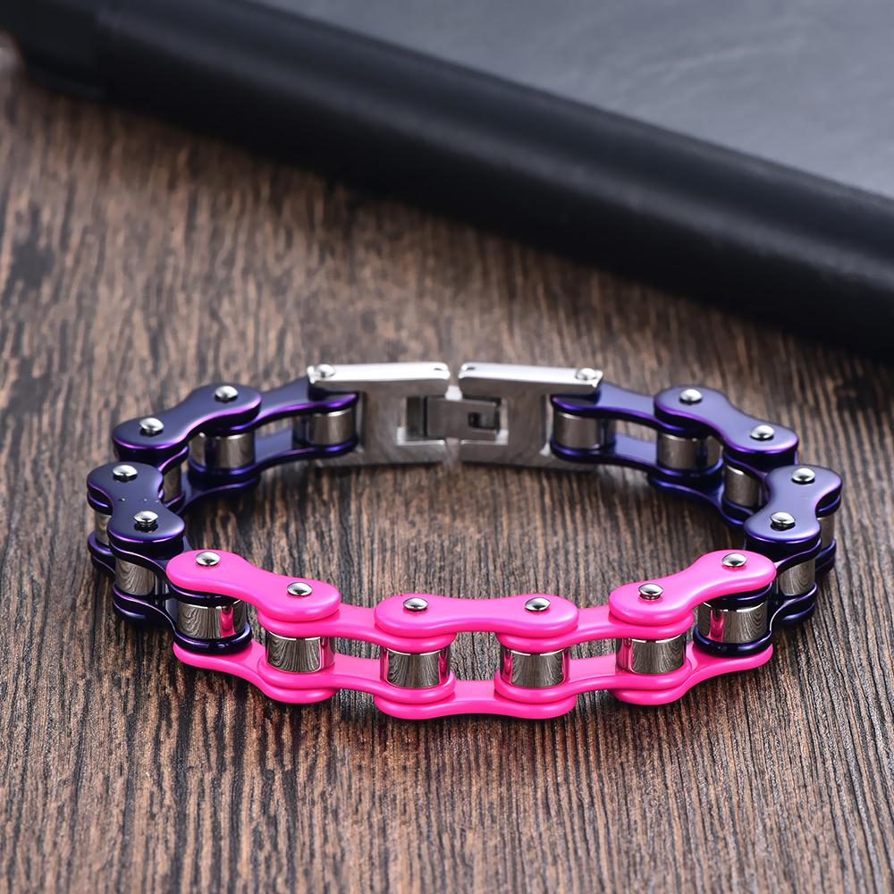 Purple Pink Color Blocking Motorcycle Chain Bracelet for Men Stainless Steel Bicycle Link Design Man Bracelets Hip Hop Jewelry