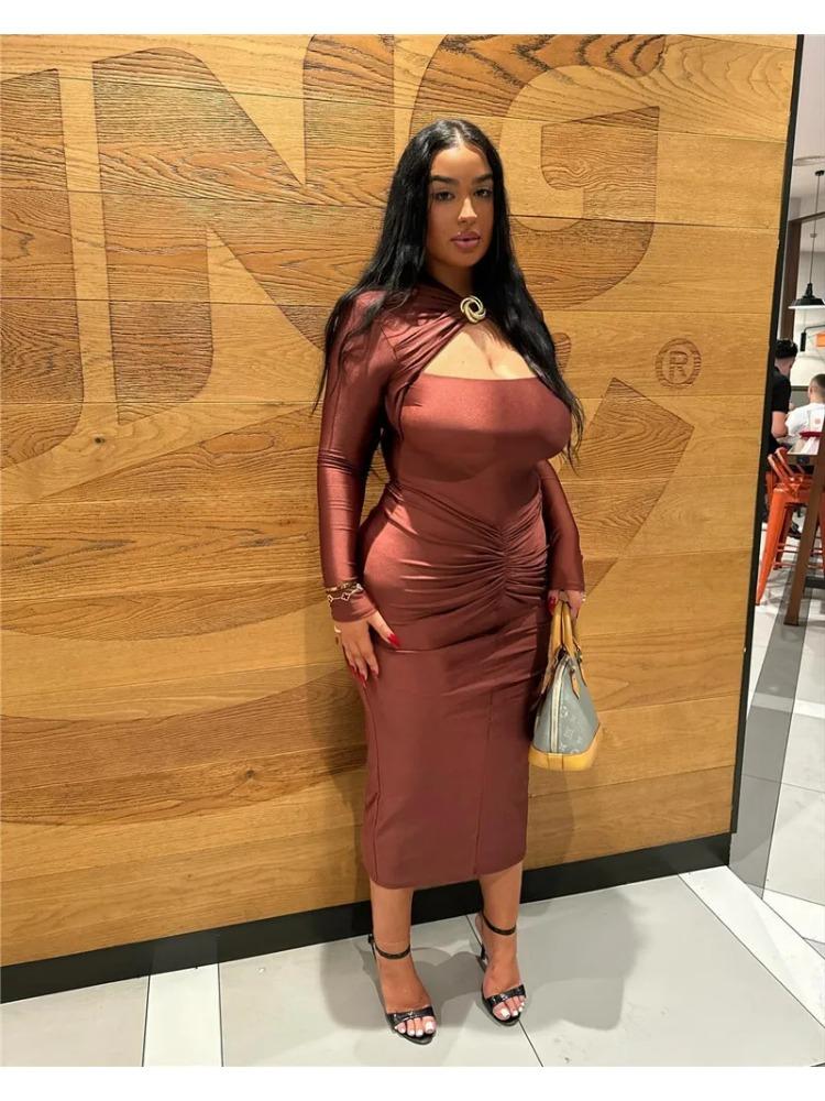 Hollow Out Long Sleeve Sexy Maxi Dress For Women Gown Autumn Winter New Metal Buckle Ruched Slit Long Dress Elegant