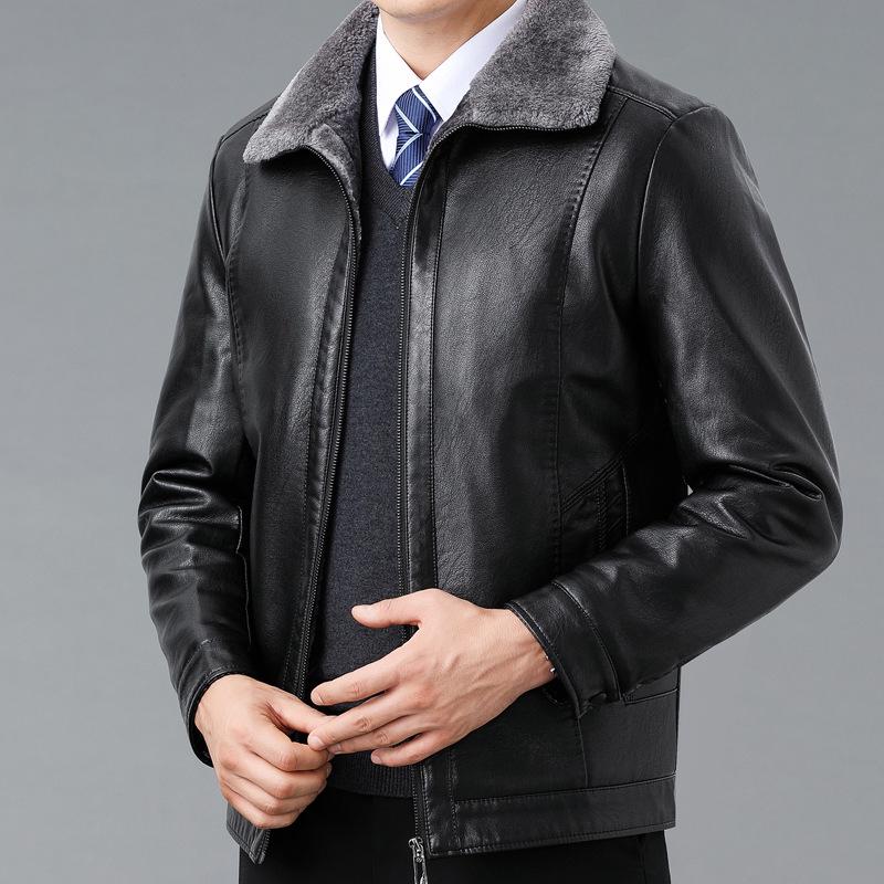 Men's Winter Fleece Lined Genuine Sheepskin Leather Jacket with Fur Trim