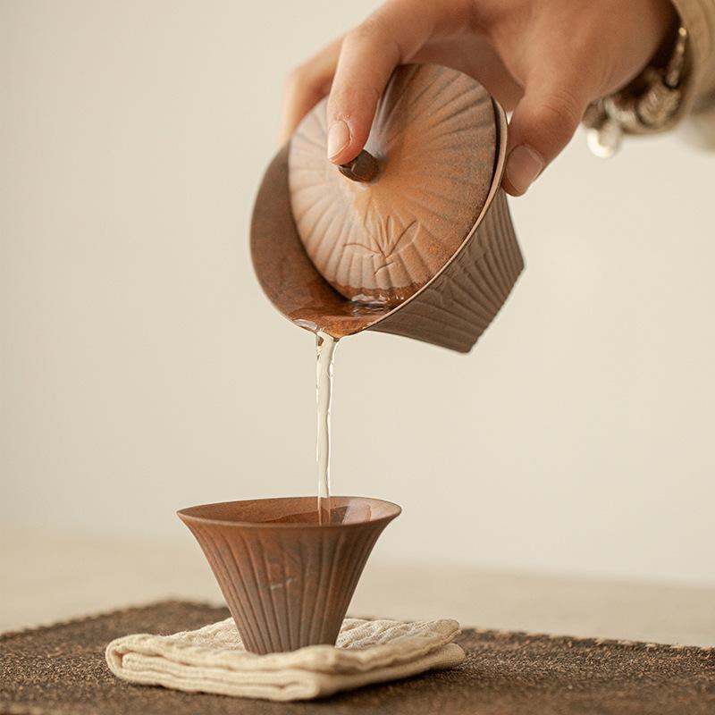 Handmade Coarse Pottery Covered Bowl Japanese Retro Old Rock Clay Tea Brewing Tool High-end Kung Fu Gaiwan Ceramic Tea Bowl