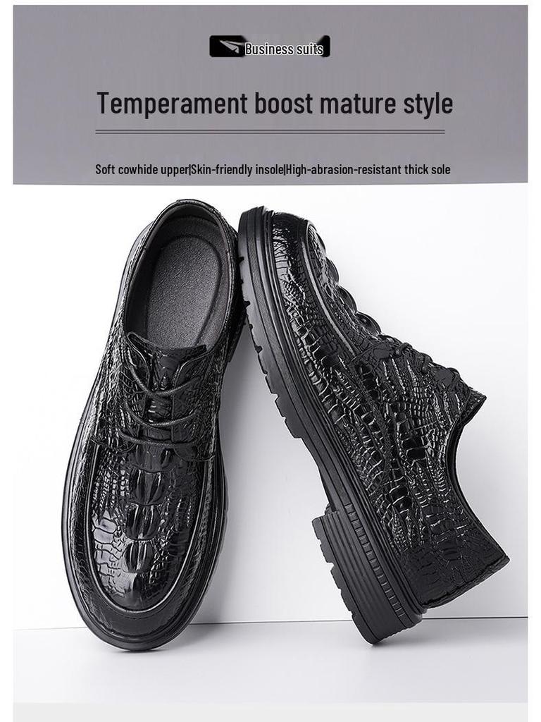 Men's Formal Casual Leather Shoes - Embossed Crocodile Pattern, Genuine Cowhide, Low-Top for Spring Workplace.