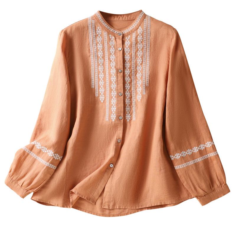 2026 Spring/Autumn Women's Retro Embroidered Cotton Linen Long-Sleeve Shirt