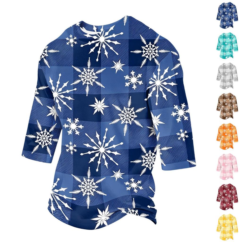 Men's Casual Neck Three-Quarter Sleeve Christmas Print T-Shirt for Holiday Festive Wear