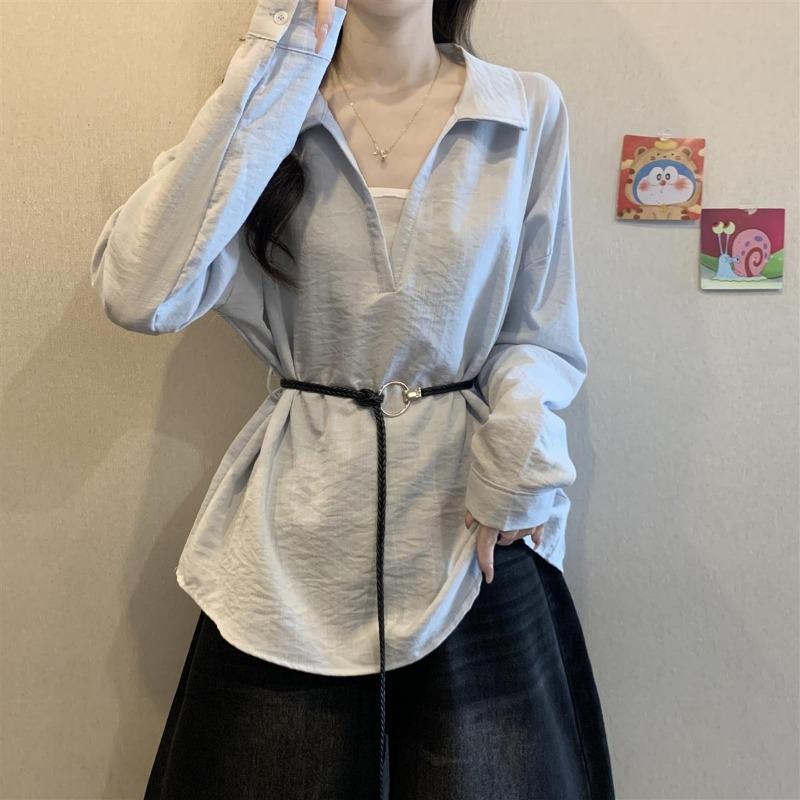 Korean Style Right Shoulder Long Sleeve Shirt for Women Spring and Autumn New Style Commuting All-match Waist Top
