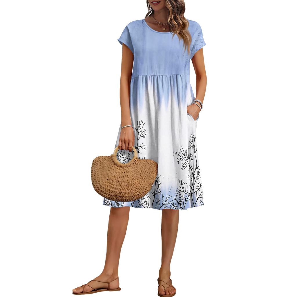 Women's Summer Fashion Casual Round Neck Short Sleeve Striped Print Dress