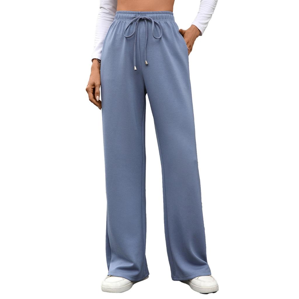Fall Winter New Women's Solid Color High Waist Loose Straight Long Trousers With Pockets Elastic Waist Casual Pants For Crossborder Trade