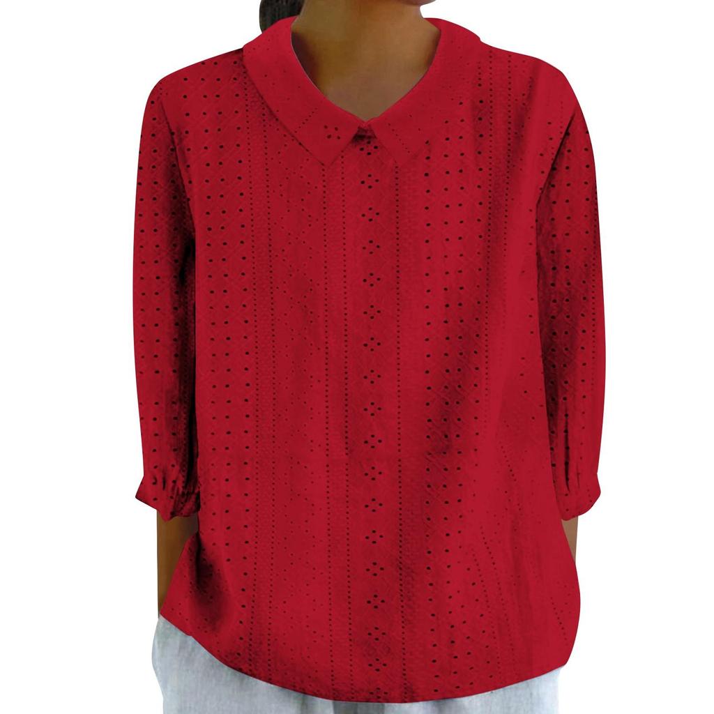 Button-Down-Hemden für Damen, Ösen-Spitzenkragen, 3/4-Ärmel, einfarbig, lässig, lockere Passform, bequem, für den Herbst, für den Alltag