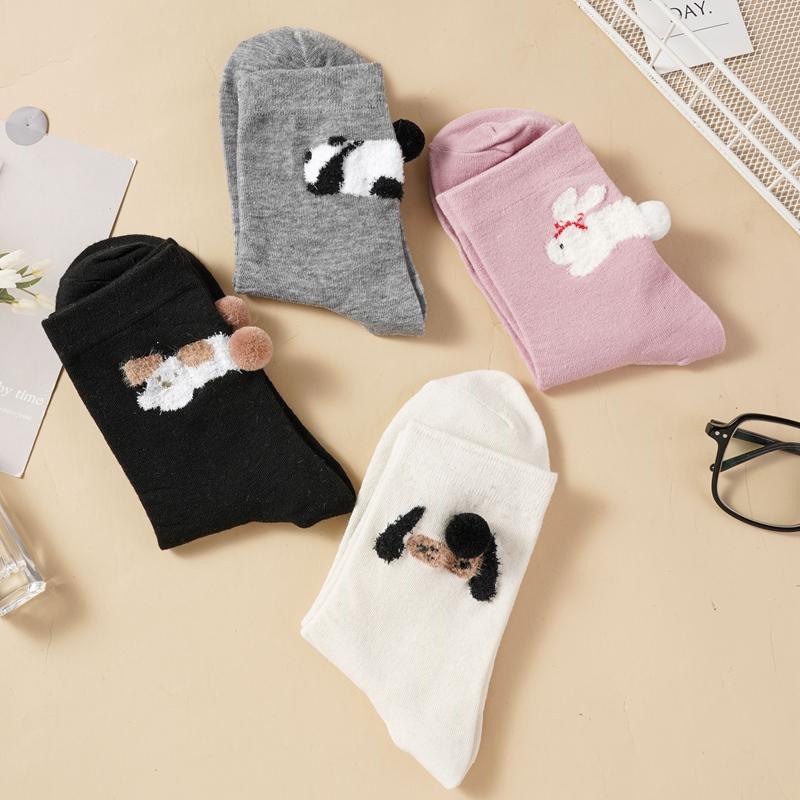 Women's Cute 3D Plush Animal Crew Socks Breathable Cotton Mid-Calf Socks Cartoon Panda Dog Bunny Cat Design Casual Socks for Daily Wear