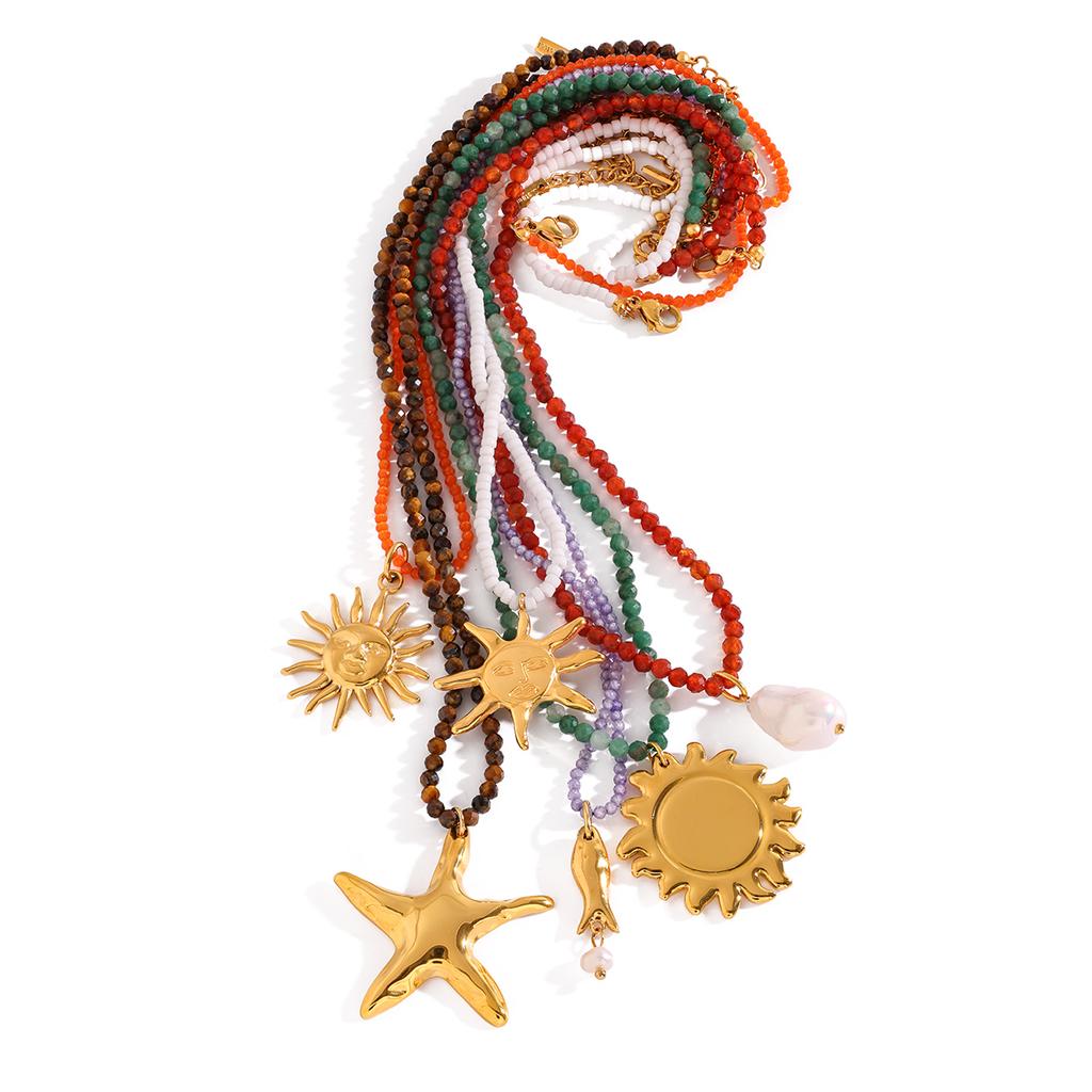  Beach Ocean Vacation Style 18K Gold Color Stainless Steel Pendant Necklace Natural Stone Bead Necklace Women