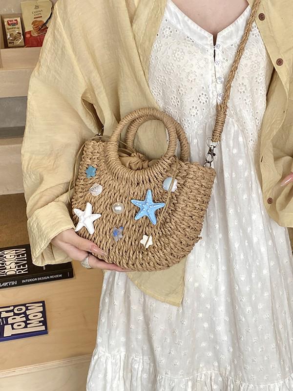 Island Resort Starfish & Shell Handwoven Straw Crossbody Bag