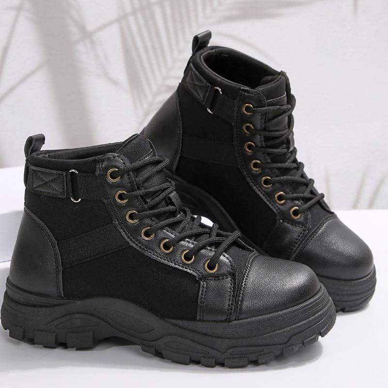 Fashion Women's Thick Sole Cotton Boots Winter New Round Head Splicing Front Strap Side Pull Anti-slip Wear-resistant Short Boots