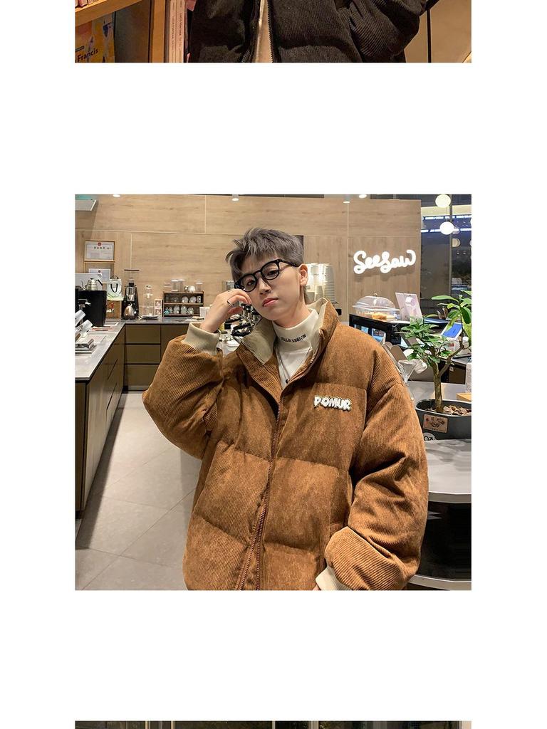 Men's Retro Corduroy Stand Collar Jacket, Autumn/Winter, Thickened with Letter Patch, Color Melange, Cotton Padded Outerwear.